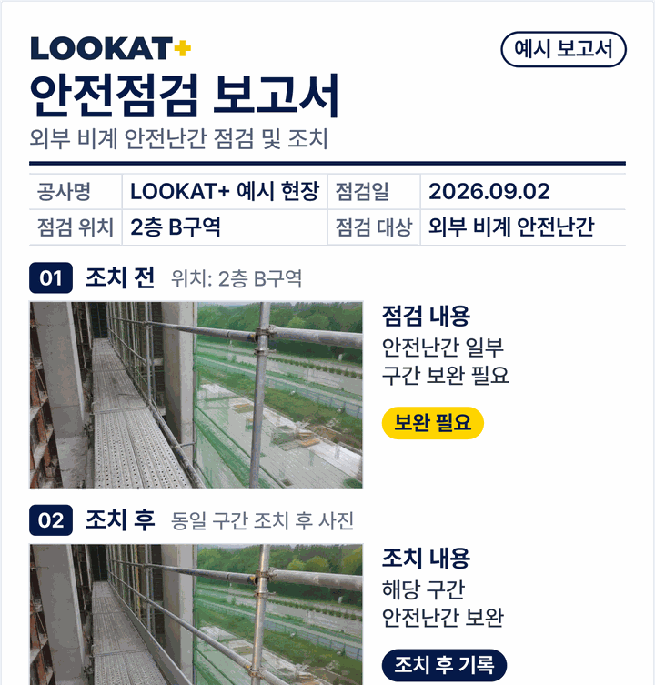 자동 생성된 안전점검 보고서 예시 · 조치 전·후 사진과 점검 내용